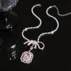 Colar Pingente Quadrado com Laço de Strass Zircônia Luxo Leve Temperamento de Alto Padrão Corrente Clavicular Moda Versátil para Mulheres