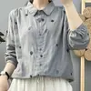 Camisa de Manga Larga de Gasa de Algodón de Doble Capa, Suave, Transpirable y Amigable con la Piel, con Bordado de Hojas Fresco y Sencillo para Mujer, Top Artístico de Algodón Puro Estilo Mori