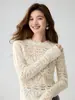 Suéter de cashmere vazado 2026 outono e inverno novo feminino gola redonda camisa base, estilo delicado, caimento solto, afina a silhueta, suéter quente