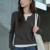 # Algodão Modal Leve Mesclado, Amigo da Pele e Macio # Camiseta Falsa de Duas Peças Color Block para Mulheres Outono e Inverno 2026 Camiseta de Manga Longa para Usar por Baixo