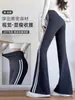 Calça shark feminina de cintura alta, alta elasticidade, com listras laterais, para esportes ao ar livre e yoga, calça longa flare, atacado one-piece, superfície criptografada