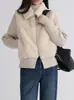 Abrigo de Piel con Cuello de Lana de Cordero, Patchwork Tejido, Falso Dos Piezas, Top Corto de Piel Ecológico para Mujer, Invierno, Transfronterizo
