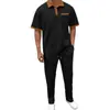 Traje Casual de Dos Piezas para Hombre 2025 Amazon Transfronterizo Nuevo Waffle Solapa Bloque de Color Manga Corta Pantalones