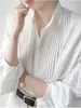 Camisa de Algodón con Rayas Verticales Oscuras Estilo Retro Francés, Cuello Alto Pequeño, Mangas de Linterna, Holgada, Moderna y Artística