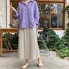 ELS Otoño Nuevo estilo coreano suelto adelgazante camisa de algodón y lino de manga larga Top retro de lino con mangas de murciélago moradas para mujer