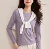 Outono 2026 Novo Camiseta Básica de Lã Tencel Camada Interna de Seda Gola Redonda Branca Manga Longa Blusa Lisa Feminina