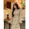Vestido Floral Estilo Suave para Pausa para o Chá, para Mulheres no Início da Primavera e Outono, Elegante e Estiloso, Versátil, Longo, Afina a Cintura, Estilo de Nicho