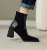 Botines retro de punta cuadrada con tacón grueso para mujer, con un diseño de bloques de color francés, cremallera trasera, estilo simple y tacón alto, adecuados para ir al trabajo.