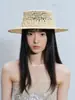 Chapéu de Palha Vazado de Designer Único para Mulheres, Chapéu de Topo Plano Estilo Hepburn Francês de Verão, Chapéu de Sol para Férias Tendência