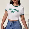 2025 Novo Estilo de Verão Moda de Rua Personalizada Tops Femininos Camiseta Manga Curta Gola Redonda Slim com Estampa de Letras