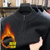 Novo suéter masculino outono e inverno com zíper, forrado com fleece para aquecimento, peça de tricô de gola alta parcial espessa