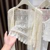 Nuevo Cardigan de Verano 2025 para Mujer Rojo de Seda de Hielo Tejido con Cortes para Protección Solar con Elegante Chal Delgado Blusa