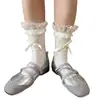 Meias Finas de Renda Empilhadas com Laço para o Verão, Meias de Cano Médio, Meias de Malha Vazada Estilo Ballet Miu para Mulheres