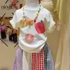 Conjunto de Verano Nuevo Estilo Coreano para Niñas Ningli Camiseta de Manga Corta de Dibujos Animados de Moda Pantalones Largos a Cuadros con Bloques de Color