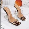 Zapatillas de Exportación Europea y Americana con Estampado de Leopardo, Punta Abierta y Tacón Alto para Mujer, Punta Cuadrada, Sexy, Estampado de Serpiente, Tira Única, Tacón de Cristal, Sandalias de Moda