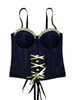 Moda Corset de Renda com Cadarço e Detalhe Espinha de Peixe em Jeans, Camisola de Renda Versátil, Top Slim-Fit Valorizador sem Costas com Bojos para Roupa Externa