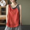 Camisola sin mangas de algodón y lino para mujer, estilo veraniego holgado y fino con decoración irregular de botones y diseño de patchwork