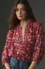 Camisa Floral Boêmia Popular Europeia e Americana com Sete Mangas para Mulheres, Gola Alta Pequena, Mangas Bufantes Largas, Blusa Casual Leve