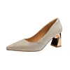 B70 En Stock Color Champaña Punta Fina Tacones Altos Brillo Fino Zapatos de Salón Mujer Principal Vestido de Novia Zapatos de Boda Mujer Tacón Grueso Pies No Cansados Dama de Honor