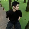 Ootd preto puro bonito ombro acolchoado manga curta masculina estilo americano cleanfit cinco pontos manga curta gola pequena manga meia pesada camiseta