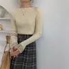 Toma real~ Suéter de punto coreano simple con retazos de malla para otoño e invierno, camisa base de punto versátil de ajuste ceñido con cuello semi-alto para mujer