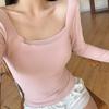 Camiseta de Manga Larga de Temperatura Constante Otoño e Invierno para Mujer Clavícula Expuesta Ajustada Adelgazante Espalda en U Grande Camiseta Básica para Usar por Dentro o por Fuera Top Corto