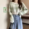 Suéter Corto de Punto a Cuadros para Mujer, Tejido de Otoño e Invierno, Top Holgado de Cuello Redondo, Estilo Coreano
