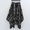 Otoño Invierno Ligero Coreano Retro Dobladillo Irregular Lazo en la Cintura Falda Larga Falda de Cuadros Calle Estilo Japonés
