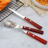 Juego de Cuchillo, Tenedor y Cuchara de Acero Inoxidable 304 Estilo Occidental para Cocina y Restaurante, con Mango de Madera, Cuchillo para Steak, Tenedor y Cuchara