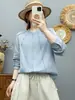 Camisa de gaze de algodão de camada dupla com gola alta e mangas compridas para mulheres, design artístico vintage com linhas plissadas, macia e agradável à pele, top de corte solto