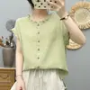 Camisa de gasa de algodón lavada de manga corta para mujer, para verano, estilo artístico y fresco, top sin mangas de algodón suave y amigable con la piel