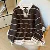 Suéter de punto de lana a rayas para mujer, jersey con bloques de color, corbata y cuello semiabierto, estilo otoño e invierno, top suéter de color contrastante