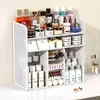Prateleira de armazenamento de cosméticos para bancada de banheiro, prateleira de skincare multi-camadas com divisórias, prateleira de armazenamento em camadas para mesa
