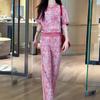 2025 Nova Moda Verão Feminina Casual Estilo Esportivo Rosa Estampado Manga Curta Tops Calças de Pernas Largas Conjunto de Duas Peças