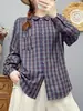 Camisa a cuadros retro de otoño para mujer, de manga larga, corte holgado, adelgazante, con diseño de gasa de doble capa, algodón puro, versátil y elegante