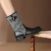 Botas de montaria de lona retrô da moda de cano médio para mulheres, nova coleção de outono de 2026, com sola fina, salto grosso, bico redondo, botins estilo workwear