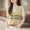 Camiseta Falsa de Dos Piezas de Manga Corta para Mujer, Holgada Casual, Lino de Bambú, Fresca, Transpirable, Delgada, Bloque de Color, Camiseta de Manga Corta