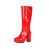 Botas de Plataforma de Couro Patente de Cano Alto para Mulheres Salto Grosso Zíper Lateral Corrente de Metal Botas de Motociclista Estilo Escuro Botas Longas Acima do Joelho
