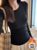 Camiseta Básica de Manga Larga para Mujer Color Sólido Top Primavera, Otoño e Invierno Ajuste Delgado Capa Interior con Forro Polar Cepillado