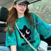Explosiones de Verano Moda Nacional Diseño de Salpicaduras de Tinta Camiseta Suelta de Algodón Puro para Mujer Estilo Coreano Ins Dibujos Animados Graffiti Top de Longitud Media Moda