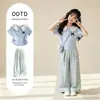Conjunto casual de moda de dos piezas para niñas con pantalones de pierna ancha, nuevo estilo de verano a cuadros con bloques de color para niños mayores