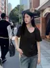 [Salida de fábrica] Camiseta de Color Sólido con Escote Amplio de Manga Corta para Mujer, Holgada, Casual, Adelgazante, Cuello en V, Camiseta Básica de Marca de Moda