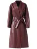 Abrigo de cuero con cordones de doble botonadura de longitud media para mujer Haining, gabardina elegante, nueva chaqueta de piel de oveja para otoño e invierno