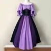 Vestido de Performance em Estilo Retrô Medieval Europeu e Americano com Cores Contrastantes, Saia Ampla Evasê, Design de Um Ombro, Design de Cintura Marcada com Patchwork e Decote Quadrado Estilo Corte