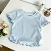 Camiseta de Manga Corta con Volantes para Niña, Camiseta Base de Canalé Elástico Multicolor de Verano, Ropa Versátil para Niños, Disponible para Dropshipping