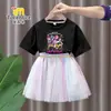 Conjunto de Vestido de Manga Curta para Meninas Caçadoras de Demônios Kpop Estilo Verão Moda Vestido de Tule Princesa Saia Duas Peças para Meninas Jovens