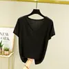 Camiseta base de modal estilo coreano para mulheres, corte solto, plus size, manga curta, adequada para usar em camadas, nova blusa primavera/verão, camiseta lisa, camiseta com decote V