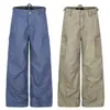 F9067 High Street Estilo Americano Unisex Vintage Multibolsillos Ropa de Trabajo Azul Diseño de Pierna Ancha Pantalones Cargo Casuales Sueltos para Hombre