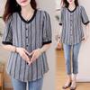 Camisa de Verano Talla Grande Nueva Moda Estilo Retro para Mujer Versión Coreana Top de Manga Corta Trendy con Parche de Rayas