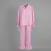 Conjunto de Dos Piezas de Pantalón a Cuadros de Algodón Puro Transfronterizo de Manga Larga Traje de Pantalón con Blusa Fruncida Nuevo Otoño 2025 Europeo y Americano